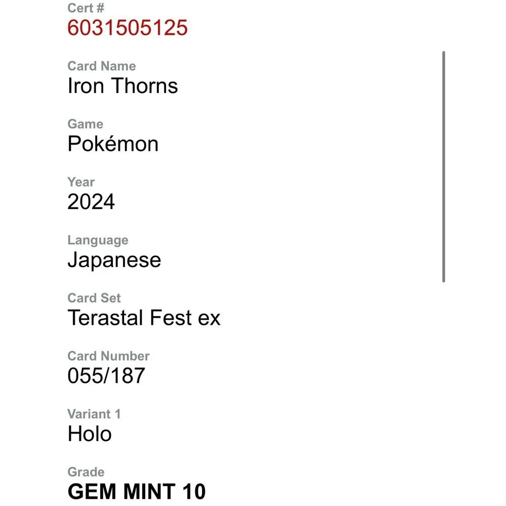 Pokemon‎ 2024 Terastal Fest ex 055/187 Iron Thorns Holo CGC Gem Mint 10